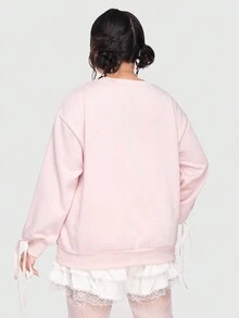 ROMWE Kawaii Plus Rabbit Embroidery Drop Shoulder Sweatshirt - Pink - View 6
