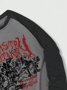 ROMWE MEN Goth Áo thun nam tay in chữ Raglan - Màu xám đen - Xem 5