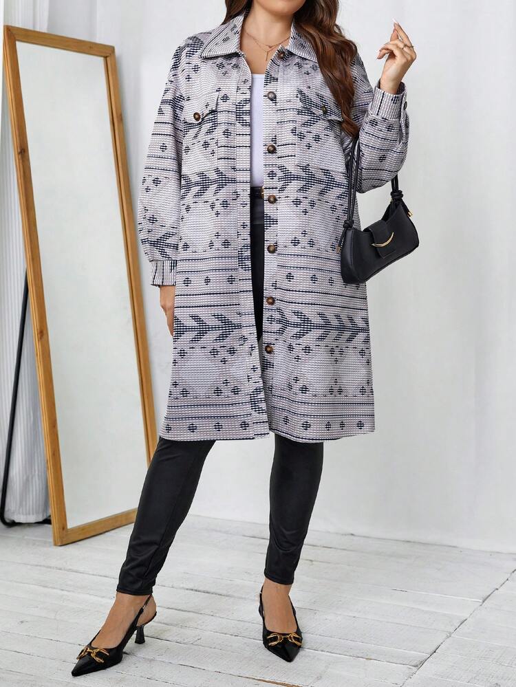 Plus Geo Print Drop Shoulder Flap Pocket Coat