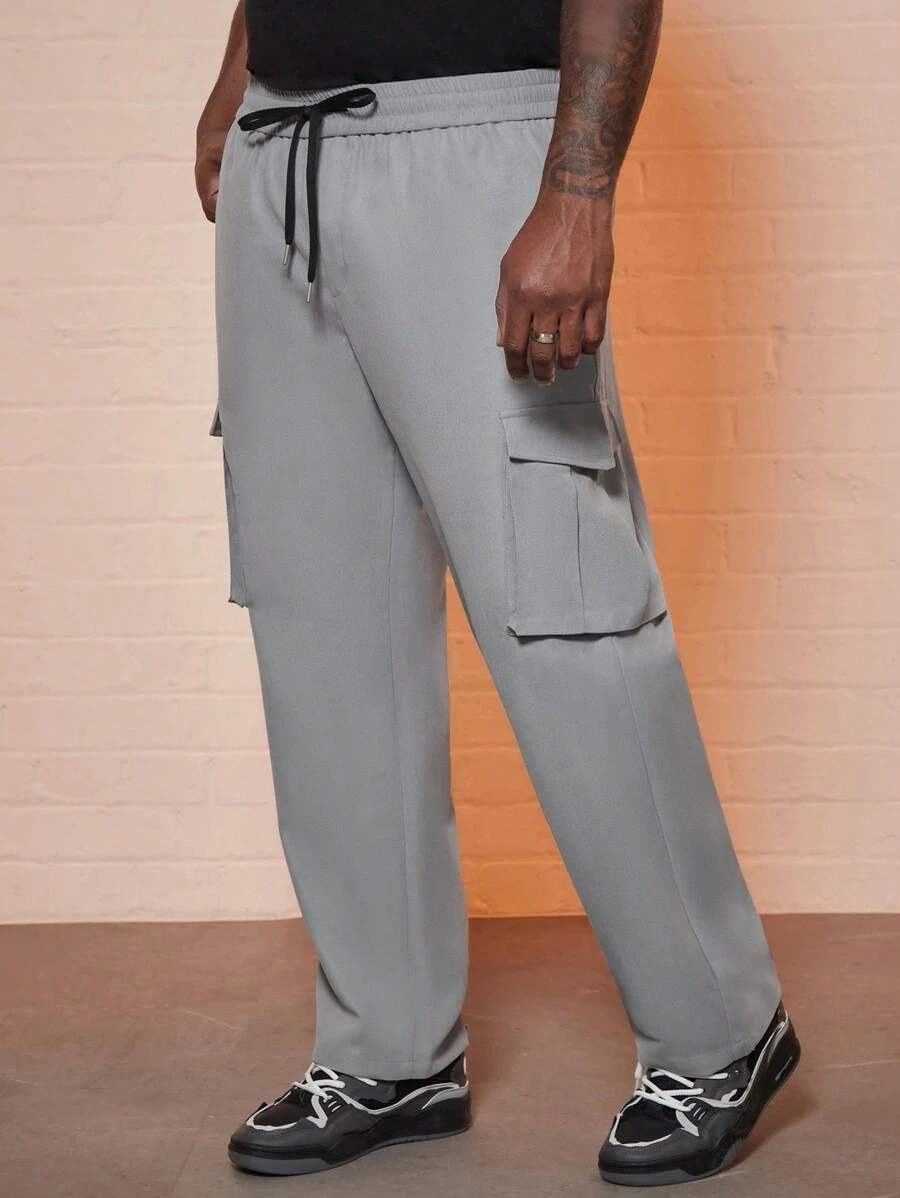 Manfinity Homme Loose Fit Men's Plus Size Cargo Pants With Flap Pockets, Side Drawstring Waist Design