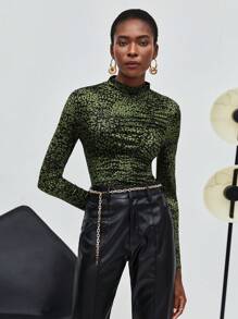 Maija Mock Neck Leopard Print Ruched Front Tee - Multicolor - View 6