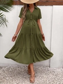 SHEIN 孕婦前紐扣荷葉邊繫腰帶洋裝 - 軍綠色 - 查看 3