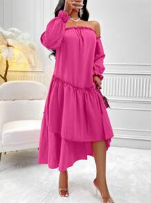 VaVaBold Off Shoulder Ruffle Hem Dress Without Belt - Hot Pink - View 1