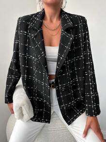 EURMUSE Plaid Pattern Lapel Neck Double Breasted Blazer - Black and White - View 4