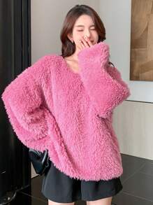 DAZY Solid Drop Shoulder Oversized Fluffy Knit Tee - Pink - View 6
