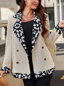 SHEIN LUNE Leopard Print Double Breasted Blazer - Apricot - View 1