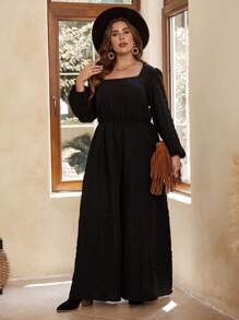 SHEIN VCAY Plus Square Neck Lantern Sleeve Wide Leg Jumpsuit Without Belt - Black - View 5