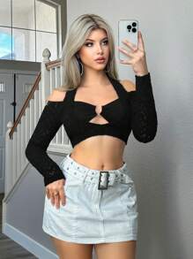 Sweetina Ring Linked Cut Out Front Crop Top - Black - View 5