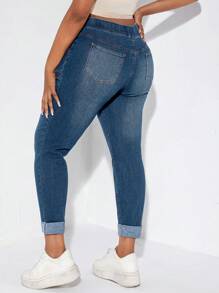 SHEIN SXY Plus Drawstring Waist Roll Up Hem Skinny Jeans - Medium Wash - View 2