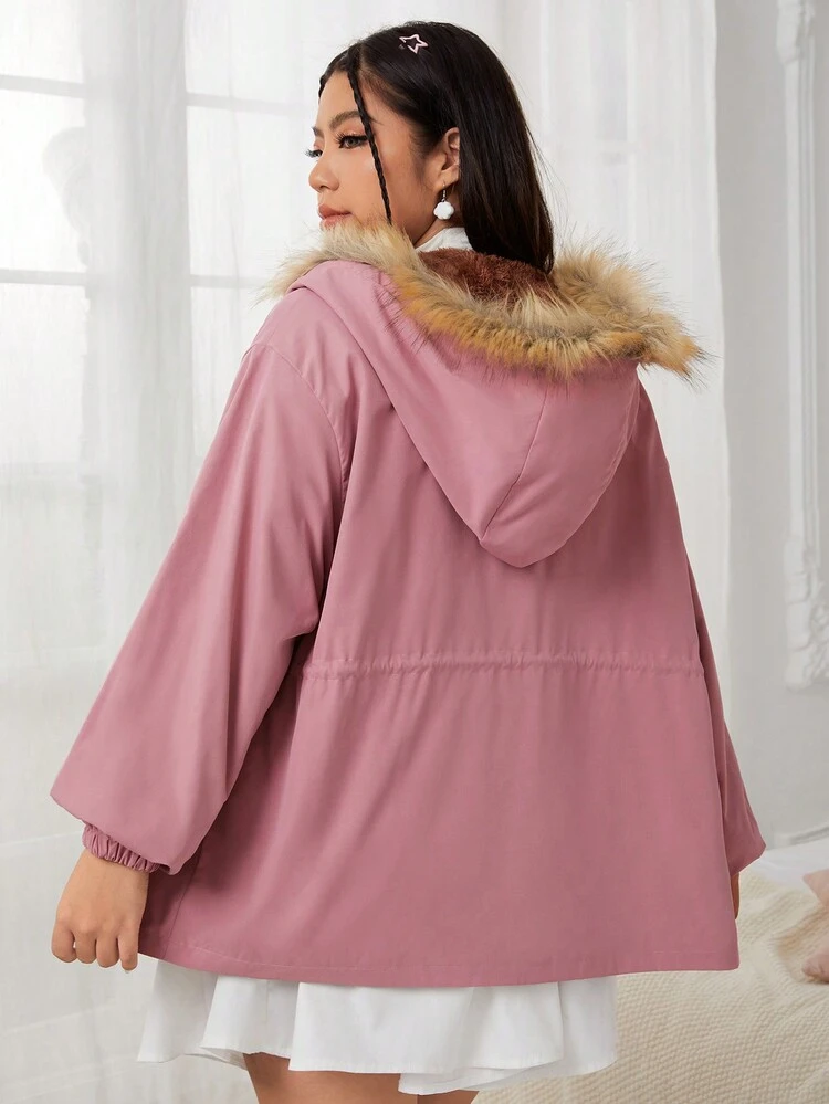 Plus Letter Patched Drawstring Waist Fuzzy Trim Thermal Hooded Coat