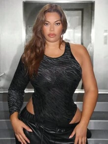 SHEIN SXY Plus Zebra Striped Asymmetrical Neck Bodysuit - Black - View 5