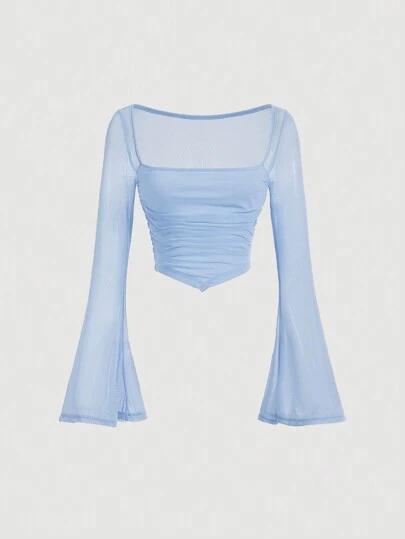 SHEIN MOD Romantic Blue Square Neck Trumpet Sleeve Ruched Hanky Hem Tee