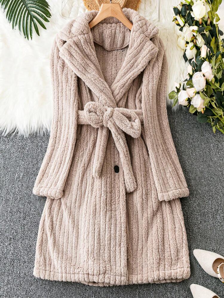 Plus Lapel Neck Belted Teddy Coat