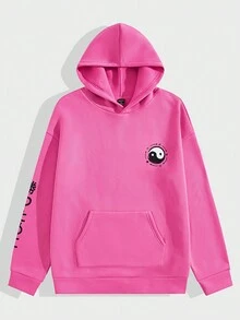 Manfinity RebelGame Loose Fit Men's Japanese Letter & Yin & Yang Pattern Thermal Lining Hoodie - Pink - View 2