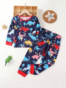 Young Boy Dinosaur Print Contrast Trim PJ Set - Royal Blue - View 1