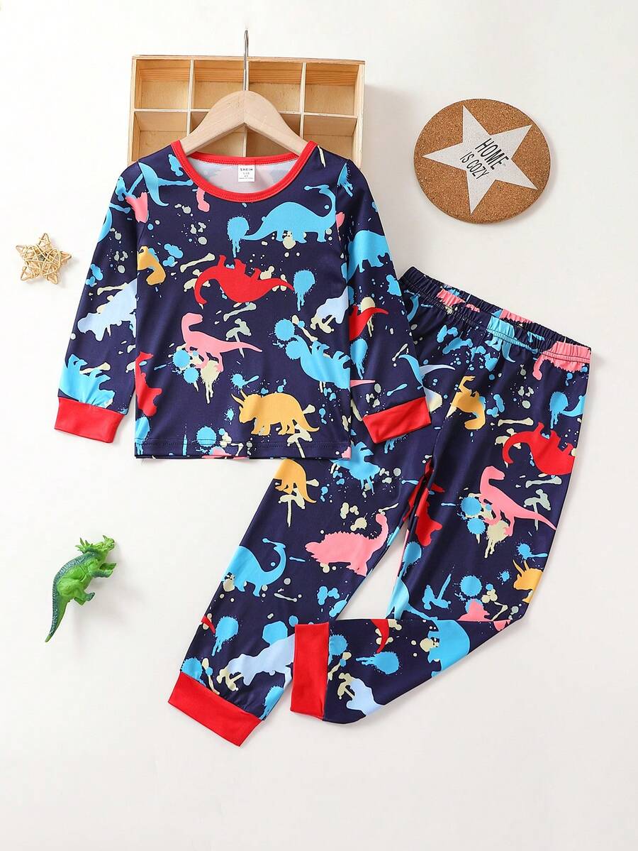 Young Boy Dinosaur Print Contrast Trim PJ Set - Royal Blue - View 1