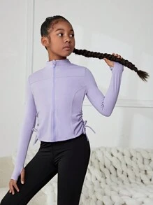 SHEIN 女大童拉鏈開襟拇指孔側抽繩運動夾克 - 淡紫色 - 查看 5