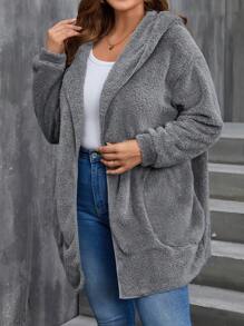 EMERY ROSE Plus Size Autumn And Winter Super Thickened Double Fleece Warm Jacket Women's Fall Women Geometric Pattern Reversible Hooded Fleece Jacket With Pockets