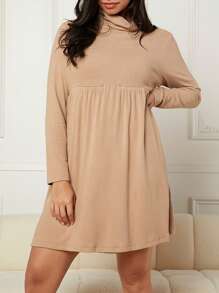 SHEIN Maternity Solid High Neck Nursing Smock Dress - Khaki - View 5