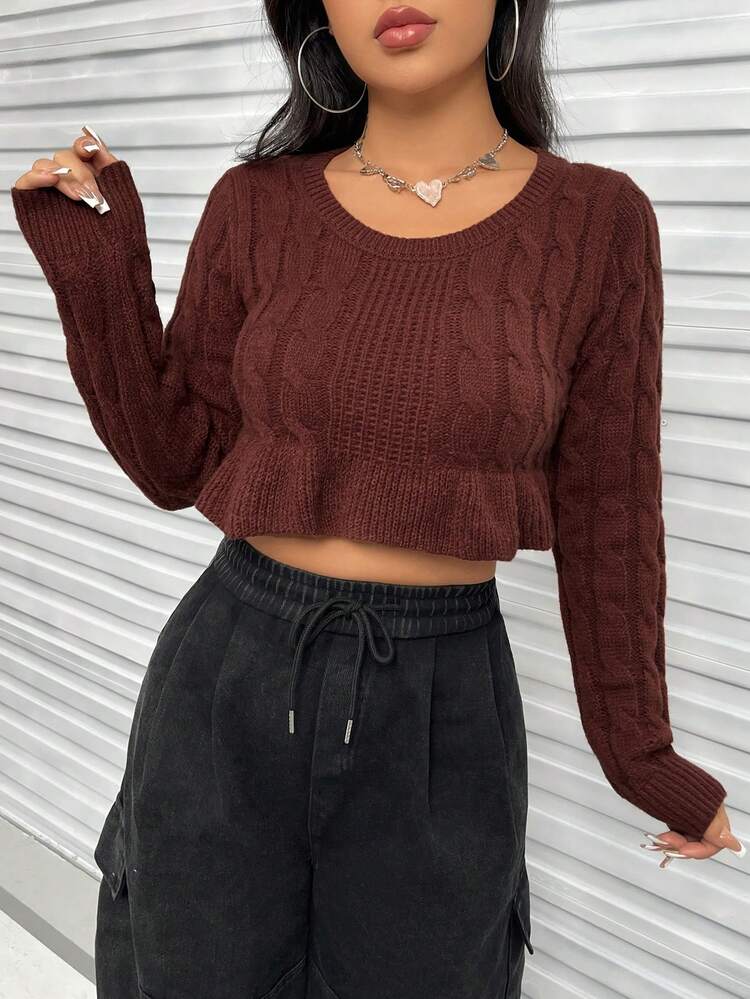 Solid Cable Knit Ruffle Hem Crop Knit Pullover Fall Winter Sweater