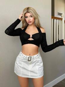 Sweetina Ring Linked Cut Out Front Crop Top - Black - View 3