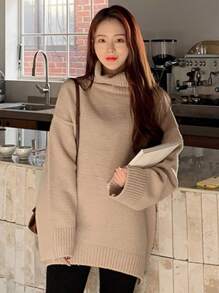 DAZY 纯色高领落肩毛衣、长袖上衣、秋季女装 - 杏色 - 查看 7