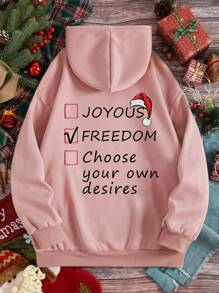 SHEIN EZwear 加大码圣诞印花袋鼠口袋抽绳保暖内衬卫衣 - 淺粉色 - 查看 1