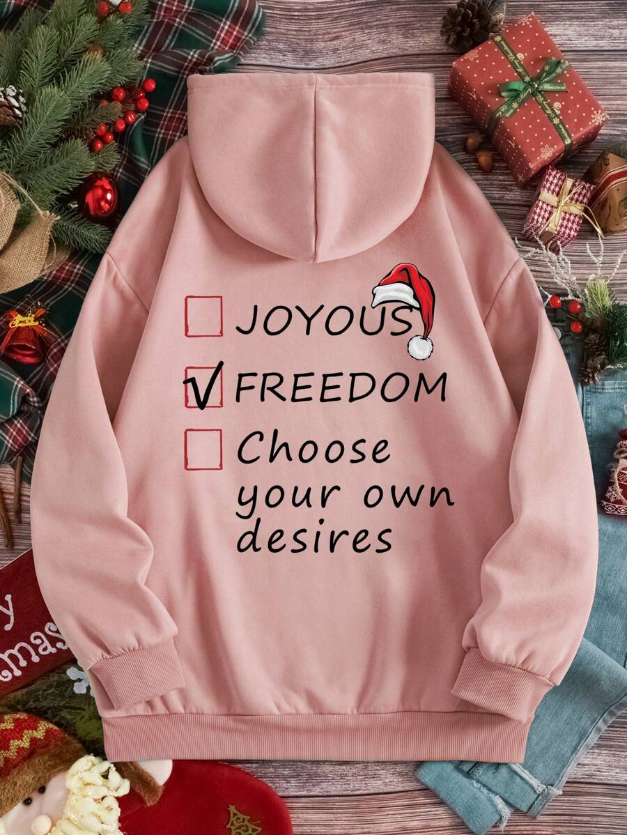 SHEIN EZwear 加大码圣诞印花袋鼠口袋抽绳保暖内衬卫衣 - 淺粉色 - 查看 1