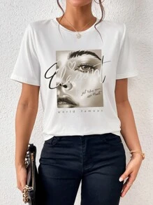 SHEIN Essnce Áo thun nữ Con số Slogan Giải trí - trắng - Xem 7