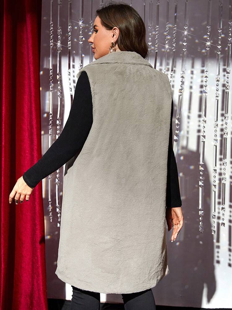 SHEIN Clasi 大碼西裝領開門襟馬甲毛絨大衣 - 灰色 - 查看 2