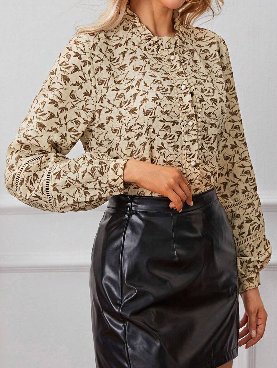 SHEIN Frenchy In Toàn bộ Cà vạt Tay áo lồng đèn Áo sơ mi - Màu Khaki - Xem 1