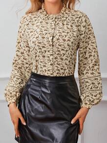 SHEIN Frenchy In Toàn bộ Cà vạt Tay áo lồng đèn Áo sơ mi - Màu Khaki - Xem 5