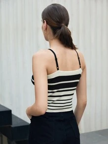 BizChic Women's Slim Fit Stretchy Striped Button-Down Knitted Tank Top - Black and White - View 2