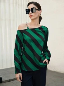 BizChic 条纹印花不对称颈部链条细节衬衫长袖图案衬衫 - 彩色 - 查看 6