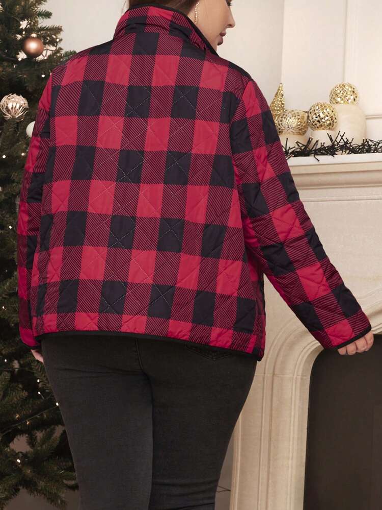 Plus Buffalo Plaid Print Zip Up Quilted Coat