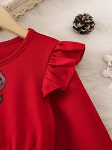 SHEIN Young Girl Christmas Print Ruffle Trim Dress - Red - View 3