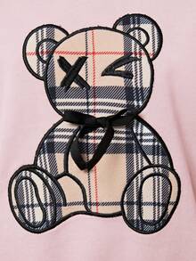 SHEIN Cô gái Tween Gấu Thêu Thả vai Hoodie & Kẻ sọc Xà cạp - Màu Hồng baby - Xem 6