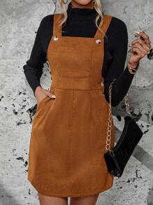 SHEIN Frenchy Solid Pocket Front Overall Dress Without Sweater - Khaki - View 5