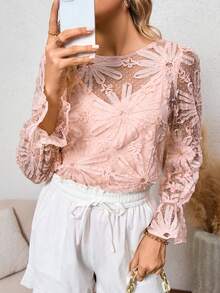 Dobby Mesh Flare Sleeve Blouse - Baby Pink - View 4