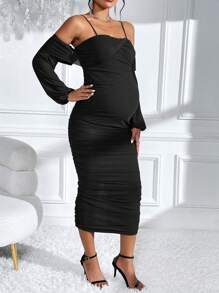 SHEIN Maternity Cold Shoulder Ruched Bodycon Dress - Black - View 6