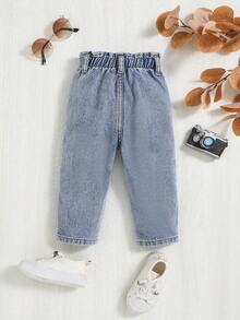 SHEIN 女嬰紙袋腰口袋貼布直筒牛仔褲 - 中等水洗藍 - 查看 2