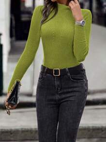 SHEIN Unity Mock Neck Ribbed Knit Jumper - Lime Green - View 5