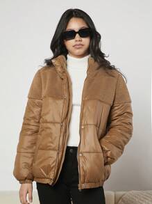 Abrigo acolchado con panel de peluche en contraste, bolsillo inclinado para niña adolescente - Camel - Ver 3