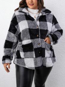 SHEIN LUNE Plus Buffalo Plaid Pattern Dual Pocket Drop Shoulder Teddy Coat - Multicolor - View 1