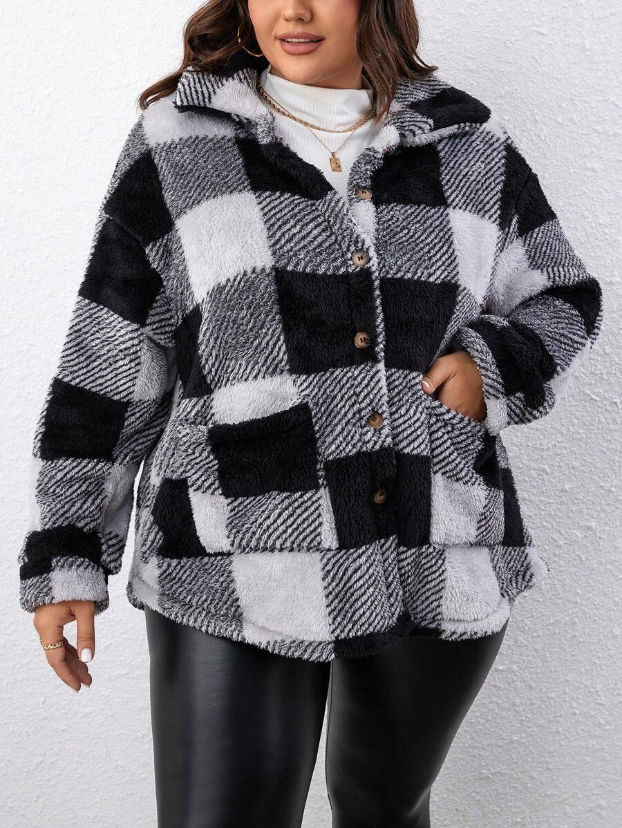 SHEIN LUNE Plus Buffalo Plaid Pattern Dual Pocket Drop Shoulder Teddy Coat - Multicolor - View 1