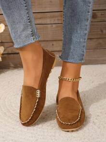 韓語女性2021春天/秋天平底樂福鞋,圓頭一腳蹬鞋,麝皮鞋適合女士和孕婦,一腳,大尺寸鞋,女士們休閒和方便鞋 - 棕色 - 查看 2