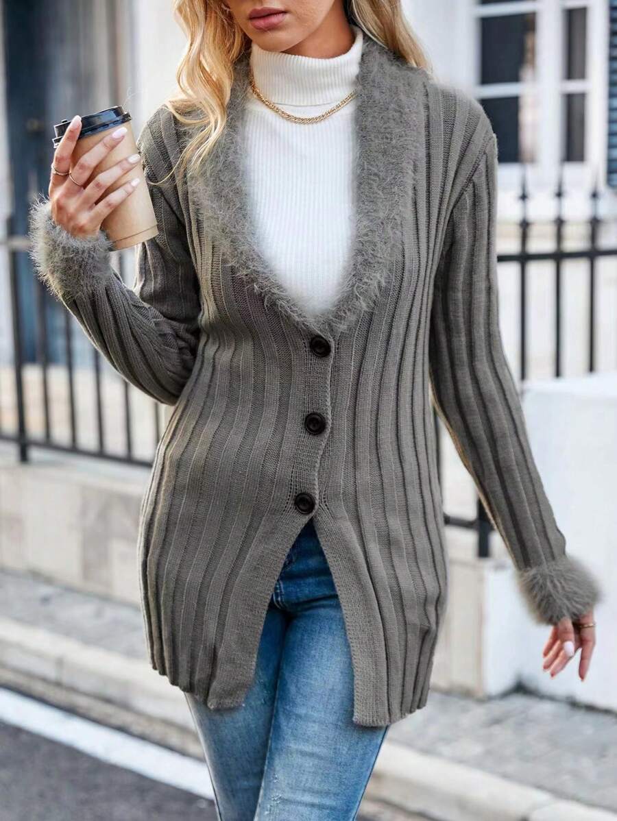 SHEIN LUNE Fuzzy Collar Button Front Cardigan Fall Cloth For Women - Grey - View 1