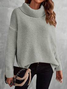 SHEIN LUNE Turtleneck Drop Shoulder Pointelle Knit Sweater - Grey - View 5