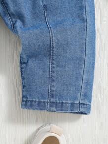 SHEIN 女嬰彈性腰帶接縫細節牛仔褲 - 中等水洗藍 - 查看 5