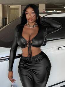 Slaydiva 系带露脐PU皮上衣 - 黑色 - 查看 4